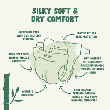 Naty Bamboo Viscose Baby Diapers - Silky Soft, Plant Based, Dermatologically Tested For Sensitive Skin & Super Absorbent (Size 6