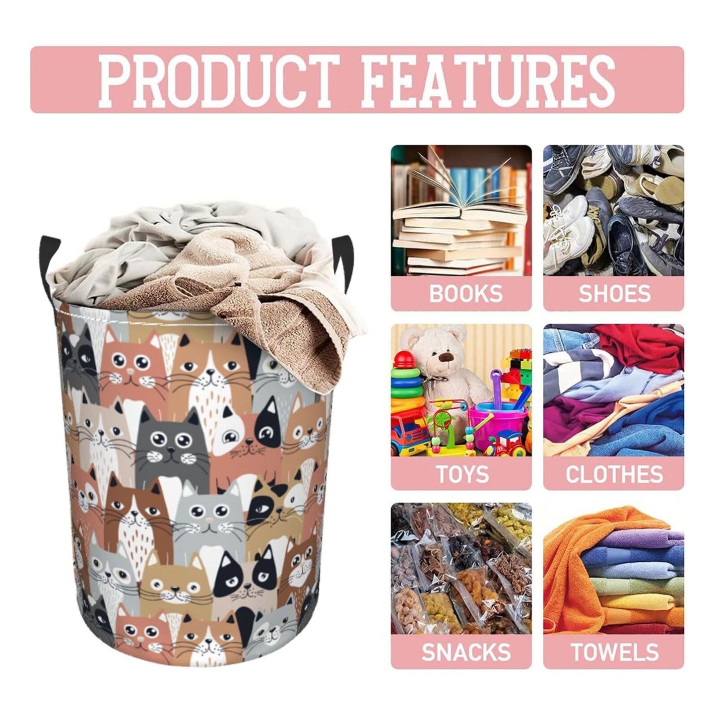 Gbuzozie Funny Cartoon Cats Round Laundry Hamper Storage Basket Toys Clothes Organizer Bin For Home Bathroom Bedroom Dorm Nurser
