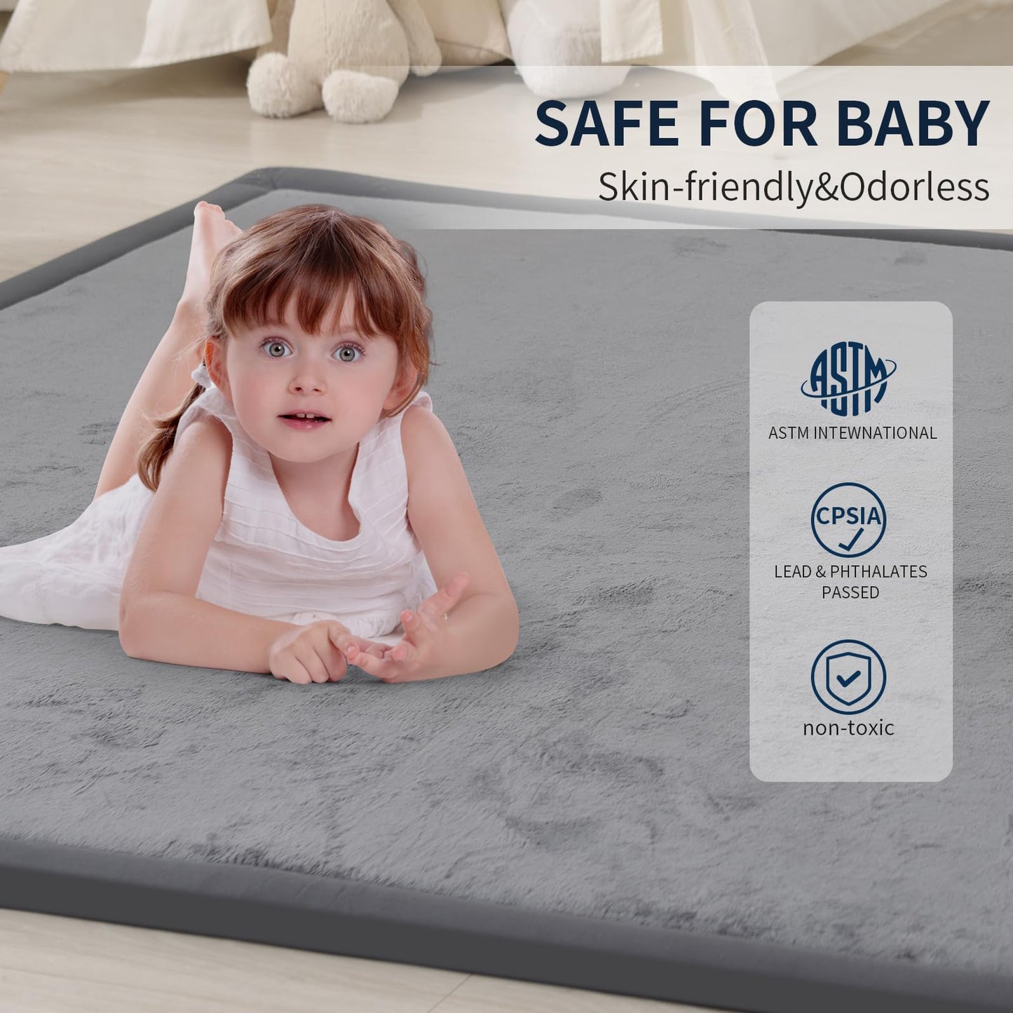 Acomopack Baby Play Mat - 1.3' Thick Memory Foam - 79'X118' Tummy Time & Playpen Mat With Non-Slip Bottom - Soft Velvet Dark