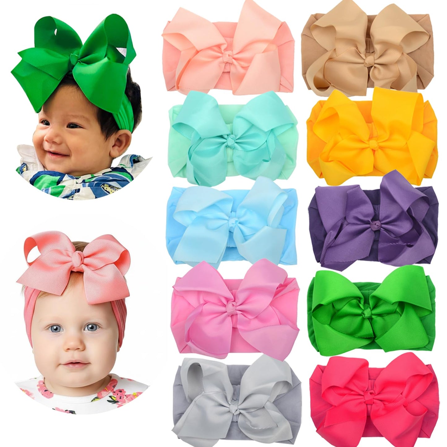 Clipband 6 Baby Headband Bows, Soft Nylon Hairbands Cute Big Bow Super Elastic Headband for Baby Girls Newborn Infant Toddlers (