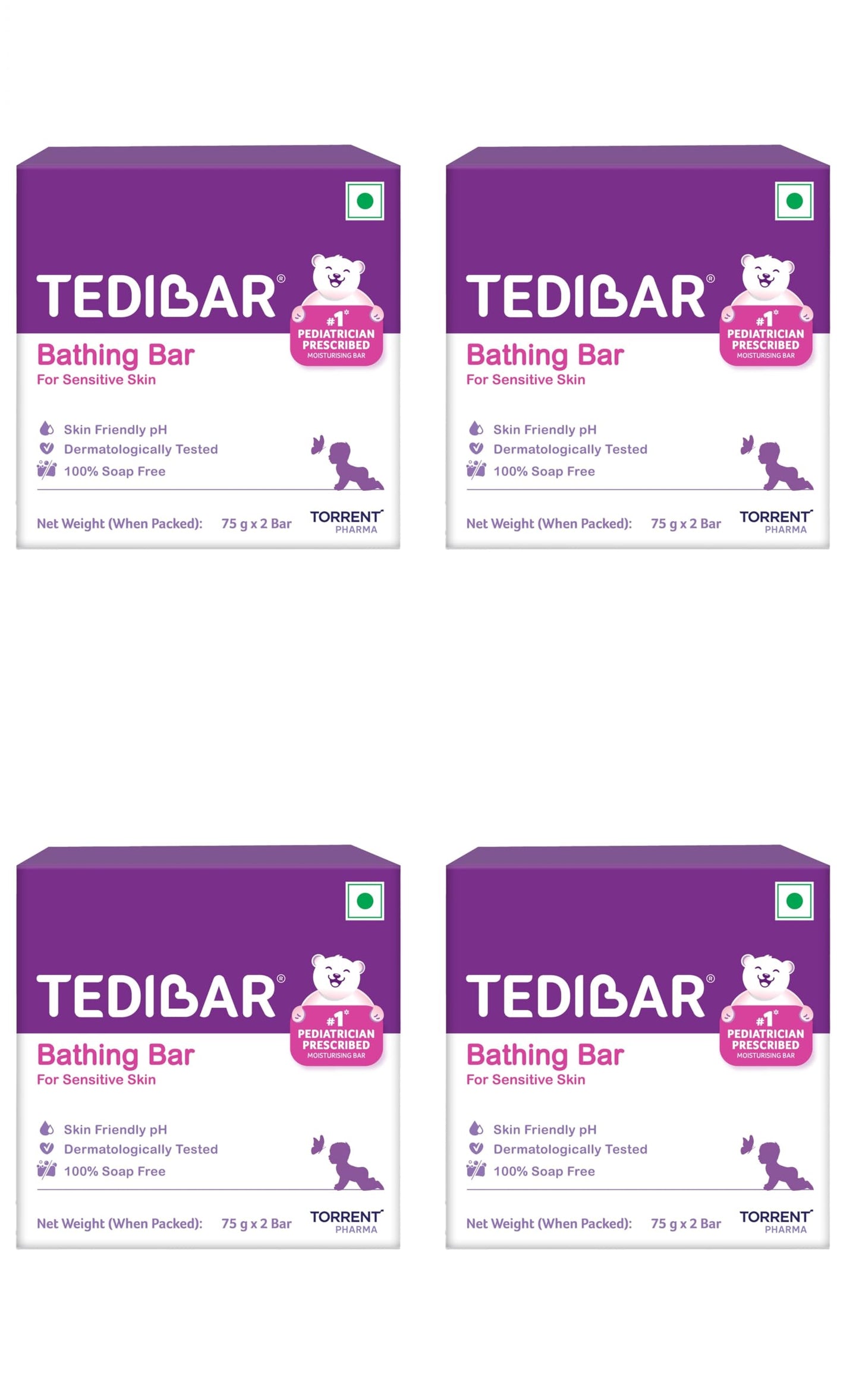 Tedibar Moisturising Baby Bathing Bar Each (75Gx2) With Skin Friendly Ph|100% Soap Free|Dermatologically Tested X Pack Of 4