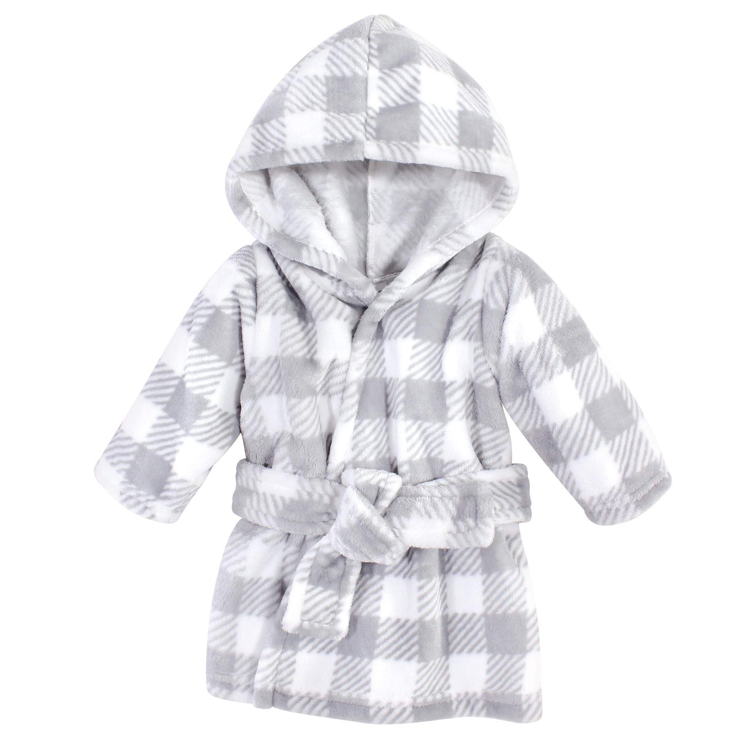 Hudson Baby Unisex Baby Plush Animal Face Bathrobe, Gray Plaid, 0-9 Months