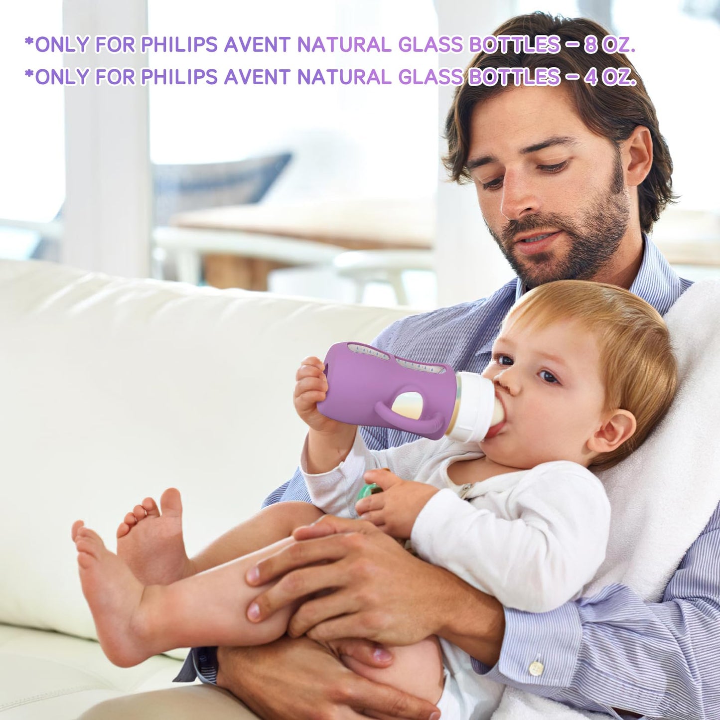 Audrwall Silicone Sleeves For Avent Natural Glass Baby Bottles, Bpa Free, Anti Breakage Baby Bottle Holder (Purple + White, 8 Ou