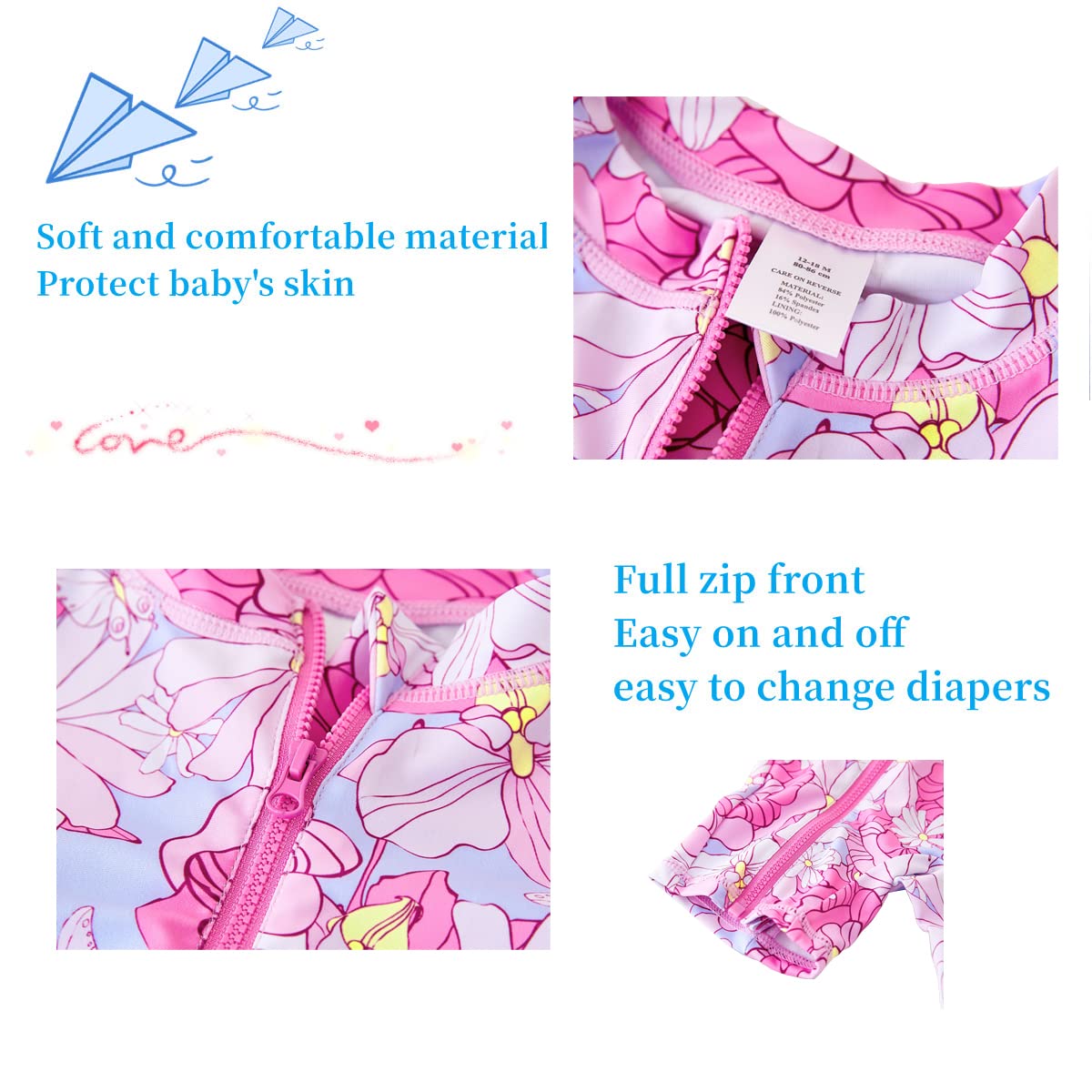Umelok Infant Swimwear Girls One Piece Full Zip With Long Sleeve Upf 50+ Sun Protection Swimsuit Pink Flower,3M