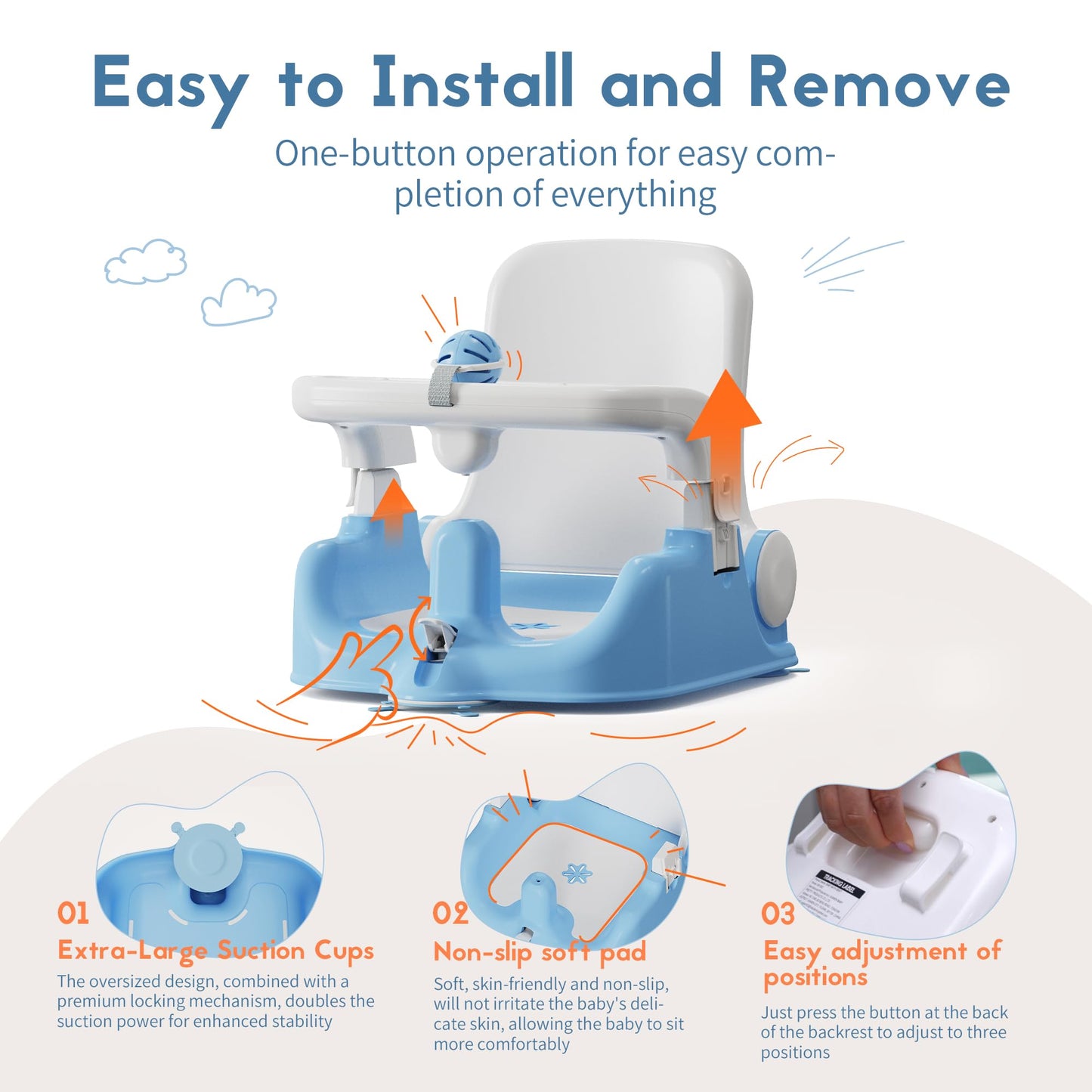 Babybond Baby Bath Seat With Sitting & Lying 2 Modes, 3-Speed Adjustment, Powerful Suction Cups, Infant Bathtub Chair With Soft