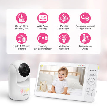 Vtech Upgraded 7' Baby Monitor, Advanced Hq Max, Pan Tilt Zoom Video Baby Monitor With Camera And Audio, Ips Screen, Touch Cont