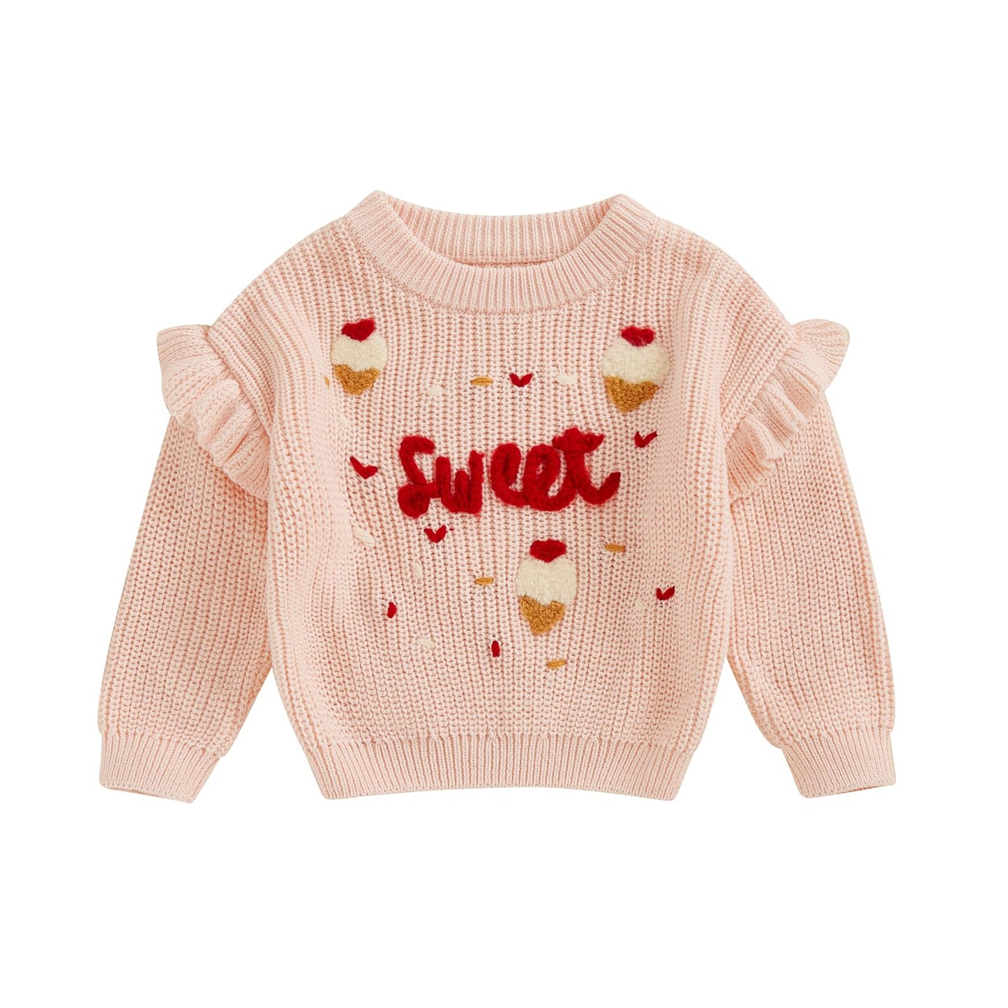 Toddler Baby Girl Boys Valentines Day Outifts Knit Sweater Long Sleeve Letter Love Heart Embroidery Pullover (Pink Sweet, 6-12