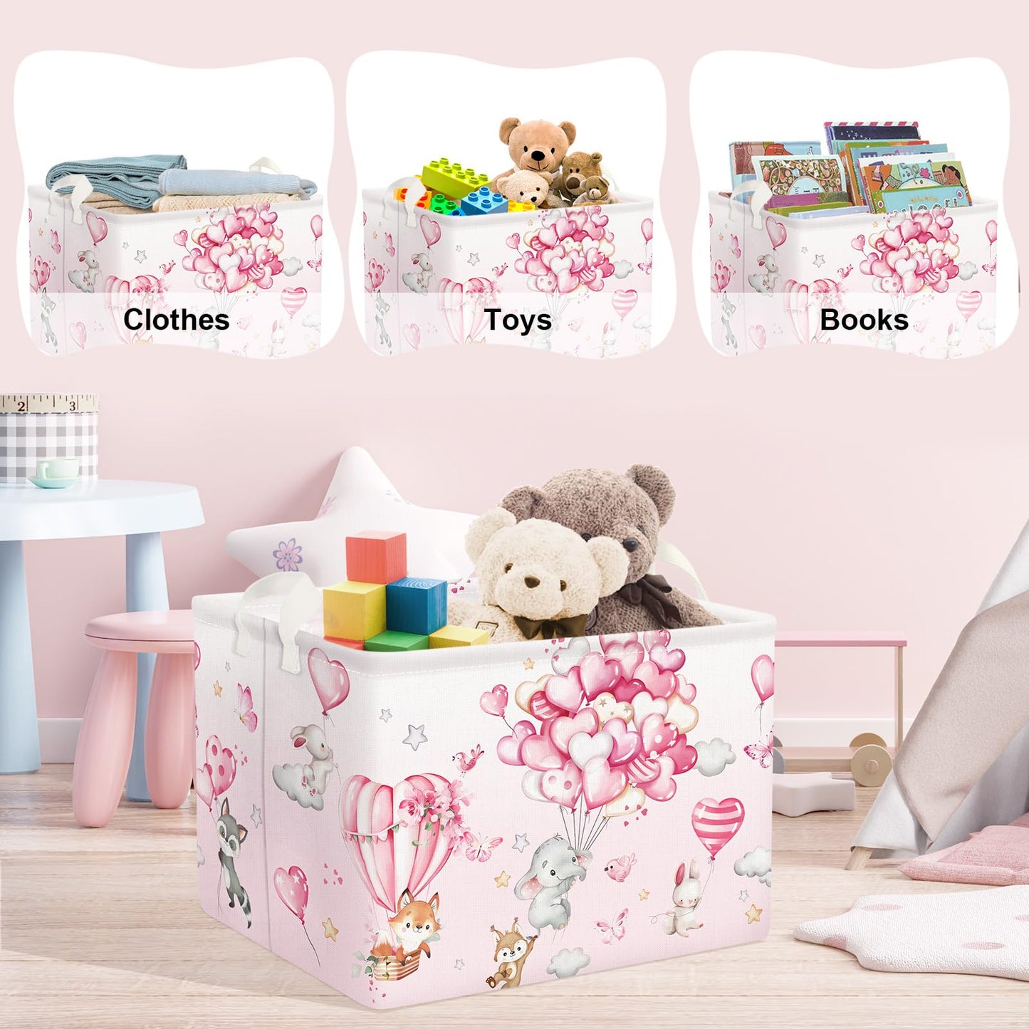 Clastyle Hot Air Balloon Animal Baby Laundry Hamper Kid Storage Basket Boy Girl Gift Toy Box Pink Collapsible Large Clothes Orga