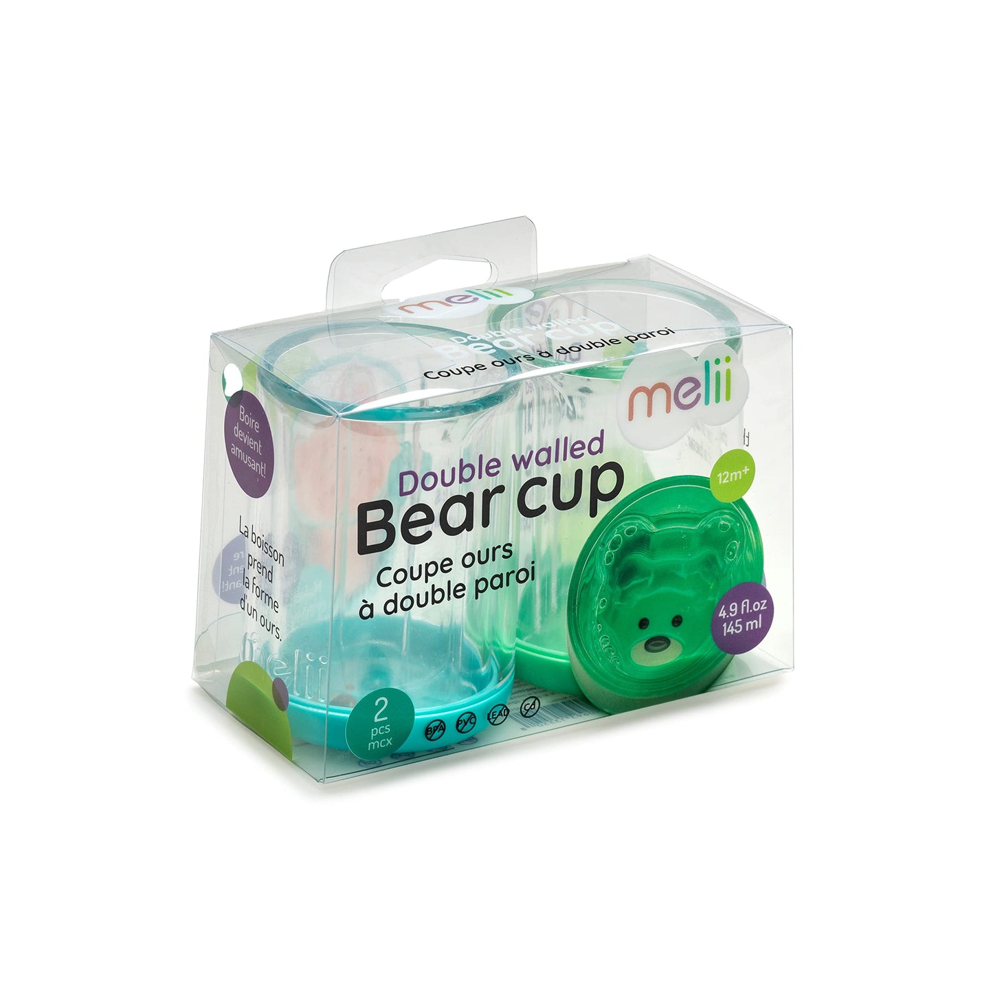 Melii Double-Walled Bear Drinking Cup For Toddlers, Kids And Children (Blue + Mint 2 Pack)
