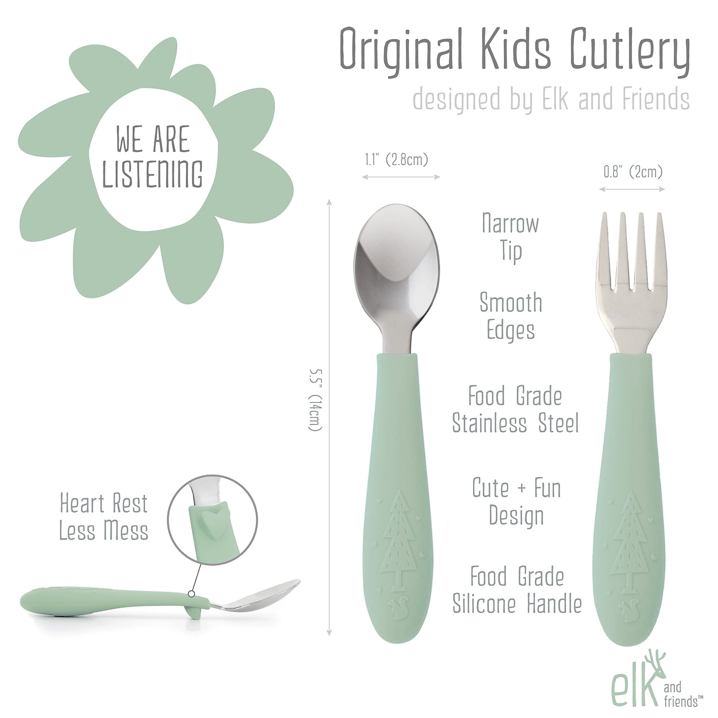 Elk And Friends Silicone Suction Plate For Babies/Toddlers + Stainless Steel Silverware Feeding Set | Divided Plate | Suction De