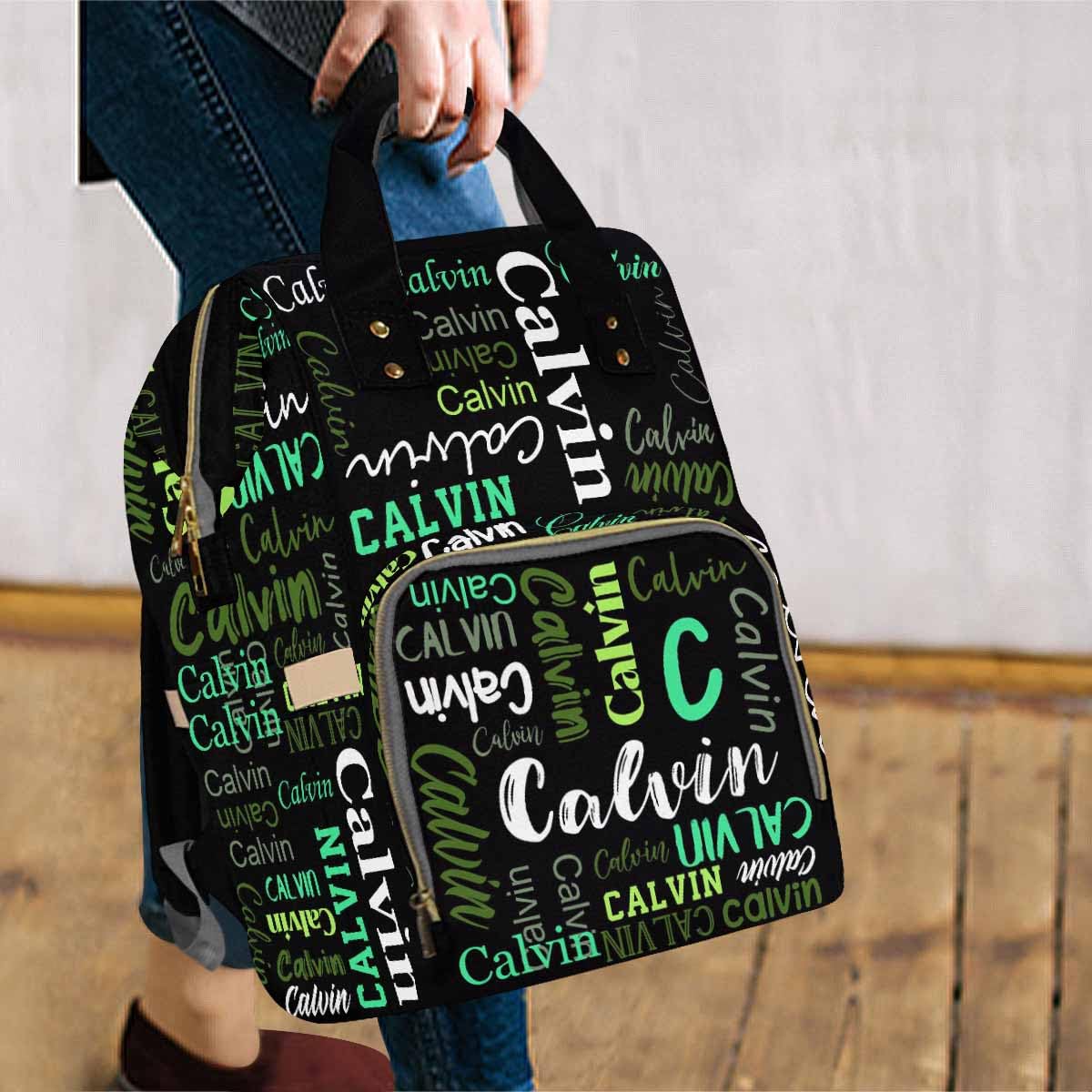 Customize Backpack, Personalized Black Green Name Logo Diapering Bag Backpack Nappy Baby Bags Casual Daypack Travel Shoulder Bag