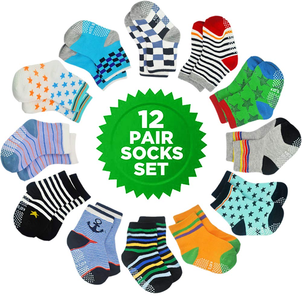 Tphon 12 Pairs Toddler Non Skid Socks With Grips Anti Slip Bottom, Cotton Non Slip Ankle Crew Socks For Boys, Girls, Kids(1-3Yea