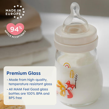 Mam Feel Good Medium Flow Premium Glass Bottle, Easy Switch Between Breast And Bottle, 9Oz, 0+ Months, Unisex, 1 Pack