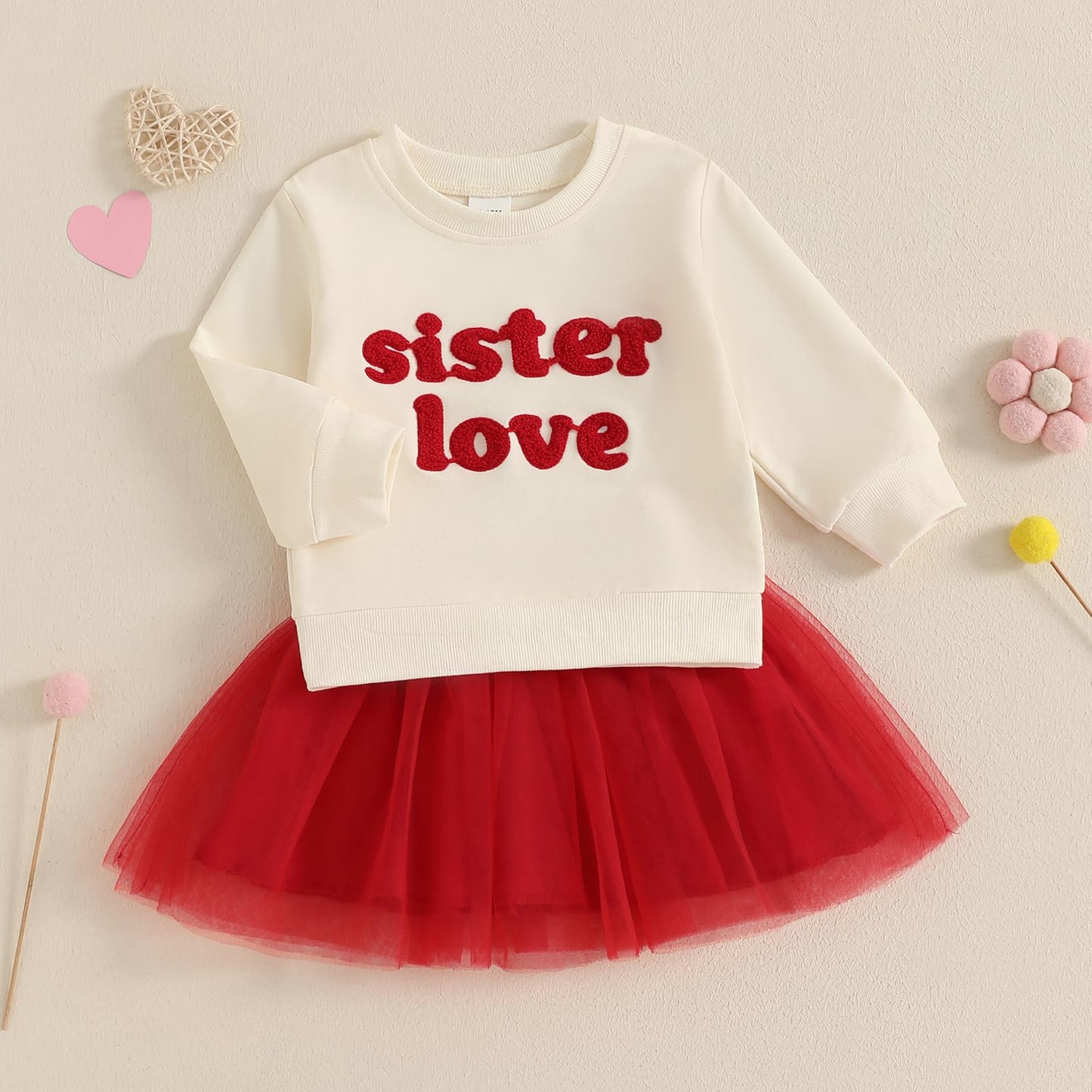 Toddler Baby Girl Valentines Day Outfit Red Love Heart Bow Sweatshirt And Tulle Tutu Skirts Set Cute Spring Clothes (Beige Siste
