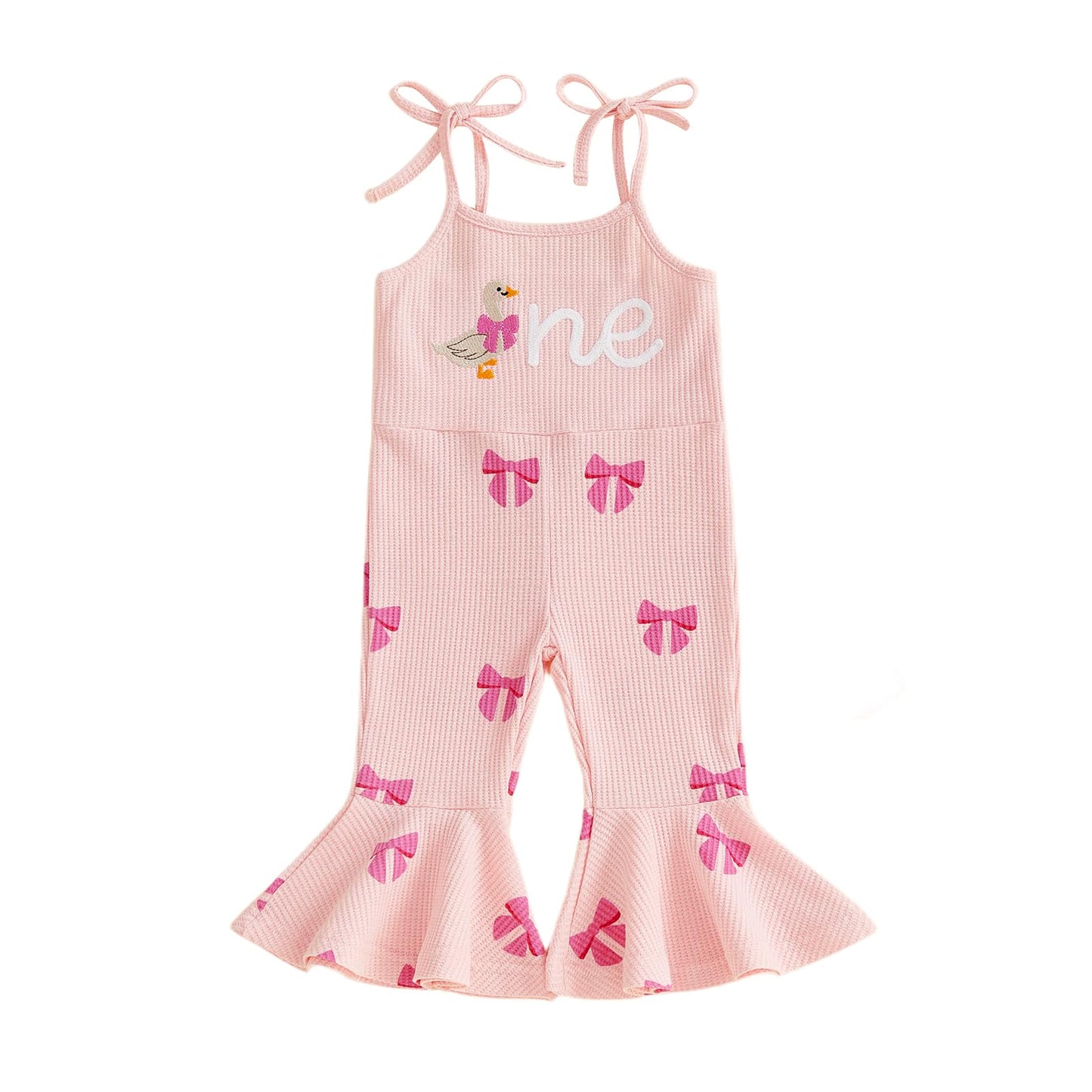 XRTBMN One Silly Goose Birthday Outfit Girl Flared Jumpsuit Infant Baby Waffle Sleeveless Tie Up Strawberry Romper Overalls (Pin