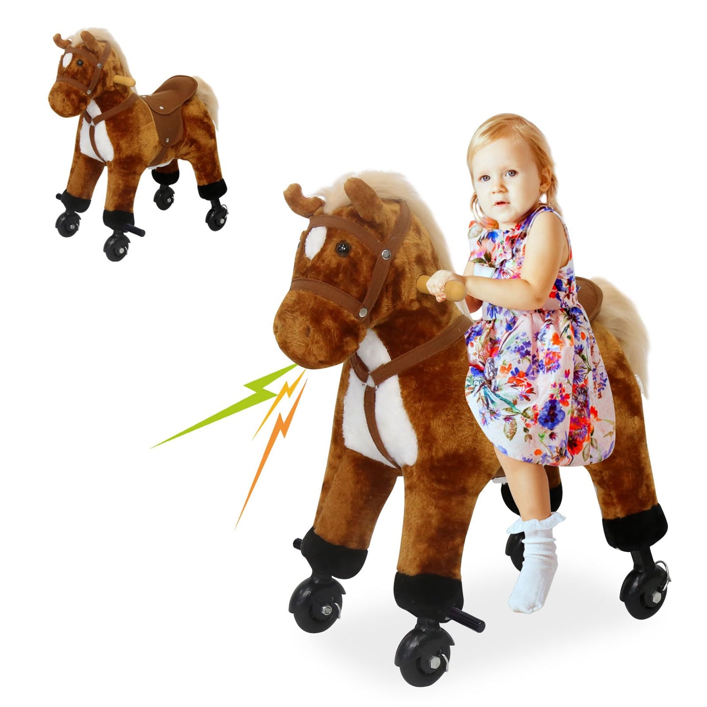 J-Sun-7 Baby Rocking Horse - Ride on Horse Toy, Plush Ride on Pony, Rideable Horse with Wheels and Realistic Sounds, for Girls a