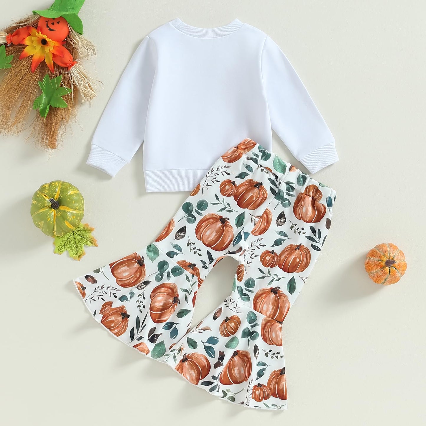 Wybzd Toddler Baby Girl Halloween Outfit Pumpkin Pie Crewneck Sweatshirt Shirt Top Bell-Bottom Pants Sets Cute Fall Clothes Pump