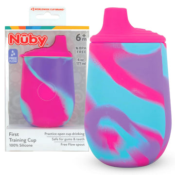 Nuby Silicone Tie-Dye First Training Cup With Free Flow Soft Spout - 6Oz, 6+ Months, Pink/Purple