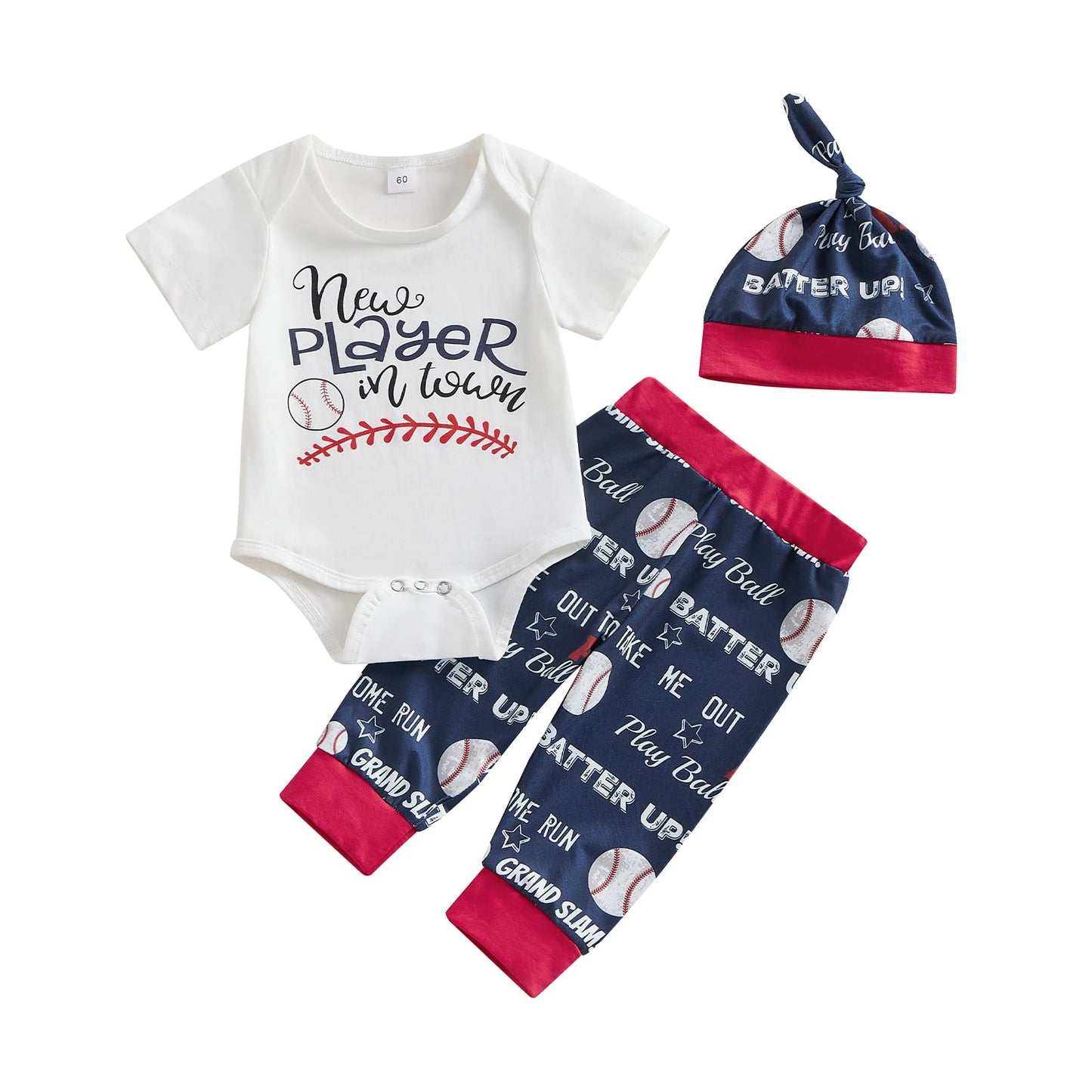 Chloefairy Newborn Baby Boy Baseball Outfit New Player in Town Romper Baseball Jogger Pants 3Pcs Coming Home Outfit (White-new p