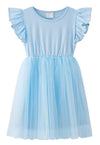 Lyxiof Girls Tutu Dress Casual Tulle Summer Solid Color Ruffle Sleeve Dress Blue 130Cm