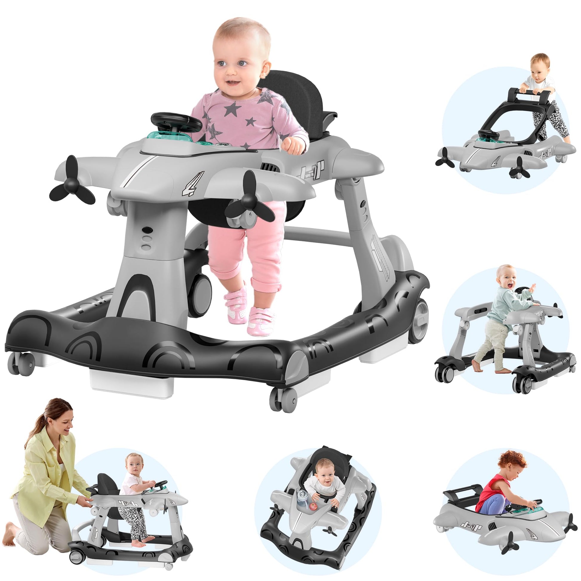 Xilingol 6-In-1 Baby Walker With Adjustable Speed Wheels, Adjustable Height Activity Walker With Padded Seat, Foldable Walker Fo