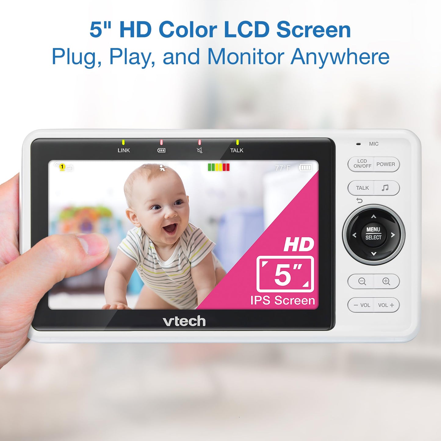 Vtech Upgraded 2-Cameras Smart Wifi Baby Monitor With 1080P Fhd Video And 5' Hd Screen, Free App With Motion Video, Sound/Motio
