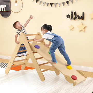 Olakids Climbing Toys For Toddlers, 3 In 1 Kids Wooden Montessori Triangle Set Climber Toy With Ramp Ladder Slide For Gym Playgr