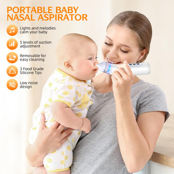 Pudult Nasal Aspirator For Baby, 5 Suction Levels Baby Nose Sucker, Music And Light Soothing Function Nose Sucker For Baby To Re