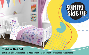 Sunny Side Up Butterfly Toddler Comforter Set - 4 Piece Toddler Bedding Includes Comforter, Sheets & Pillow Cover - Super Soft P