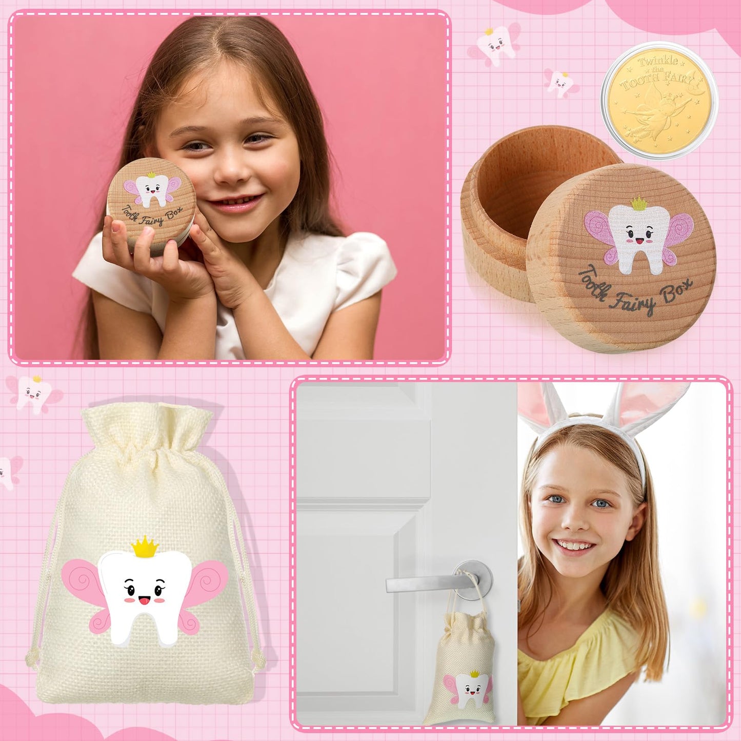 Equsion 3 Pcs Tooth Fairy Gifts For Girls And Boys Tooth Fairy Box Coin Unicorn Bag With Gold Foil Reward Coins Wood Baby Keepsa