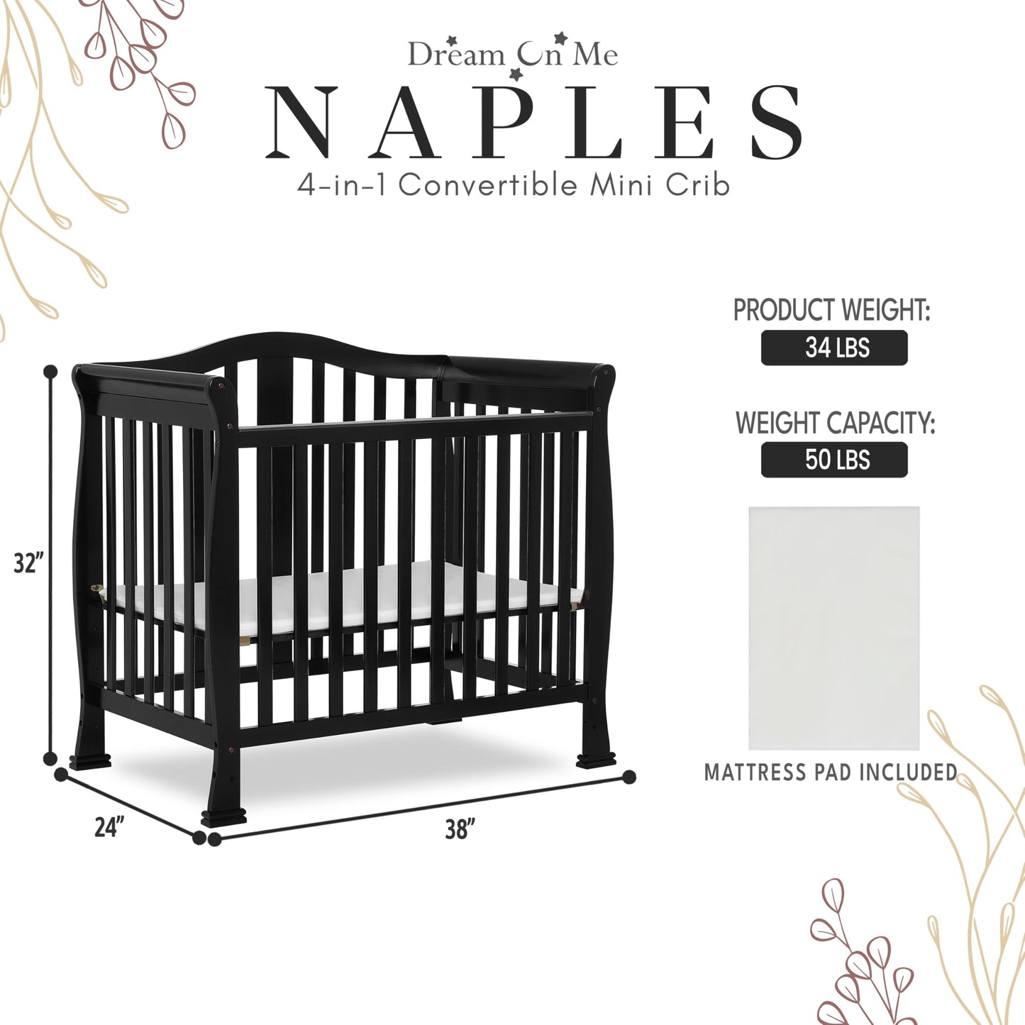 Dream On Me Addison 4-In-1 Convertible Mini Crib In Black, Greenguard Gold Certified, Non-Toxic Finishes, Built Of New Zealand P