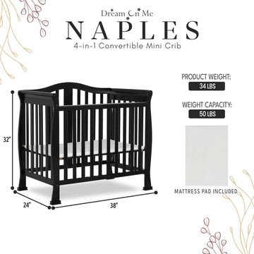 Dream On Me Addison 4-In-1 Convertible Mini Crib In Black, Greenguard Gold Certified, Non-Toxic Finishes, Built Of New Zealand P