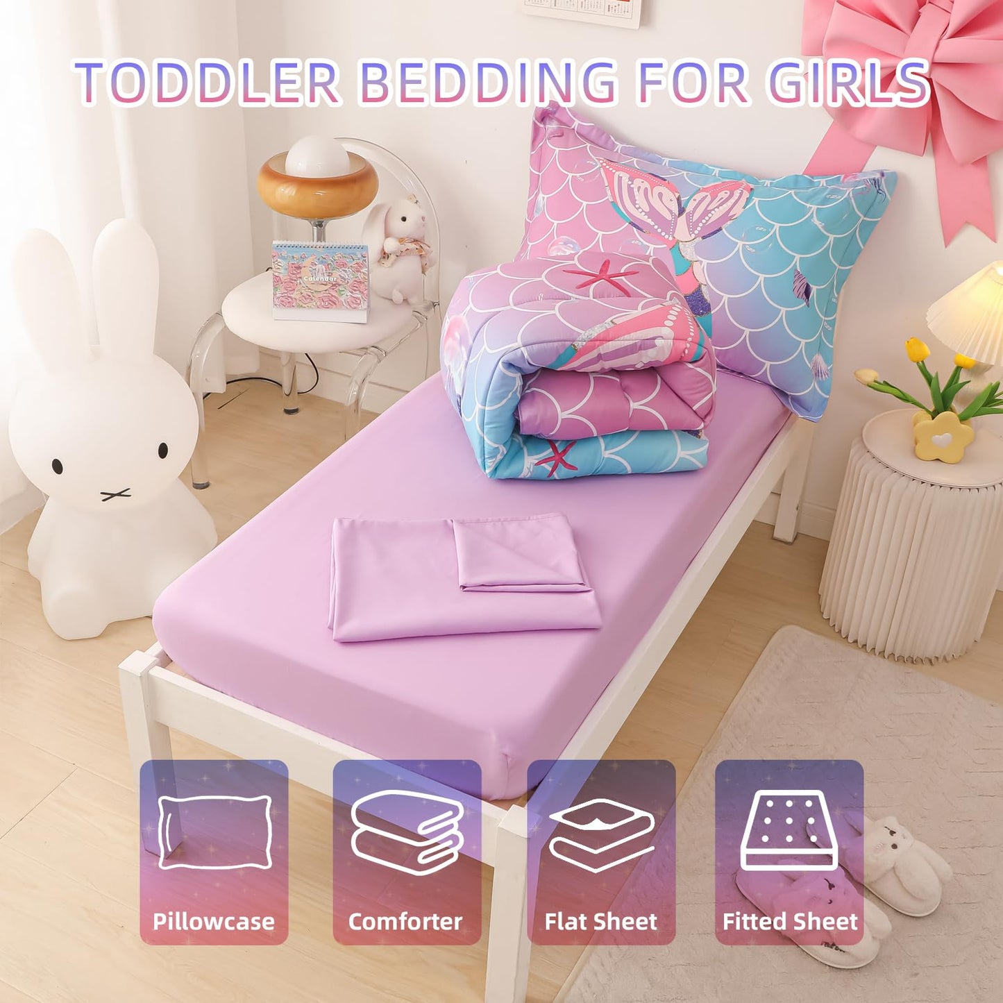 Suchbed Mermaid Tail Toddler Bedding Set Crib Bedding Set For Girls 4 Pieces With Toddler Comforter, Toddler Bed Sheets, Pillowc
