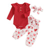 Rtnnsbbfcm Newborn Baby Girl Valentine'S Day Outfit Long Sleeve Ribbed Romper Heart Print Pants Headband 3Pcs Set (Red, 0-3 Mont