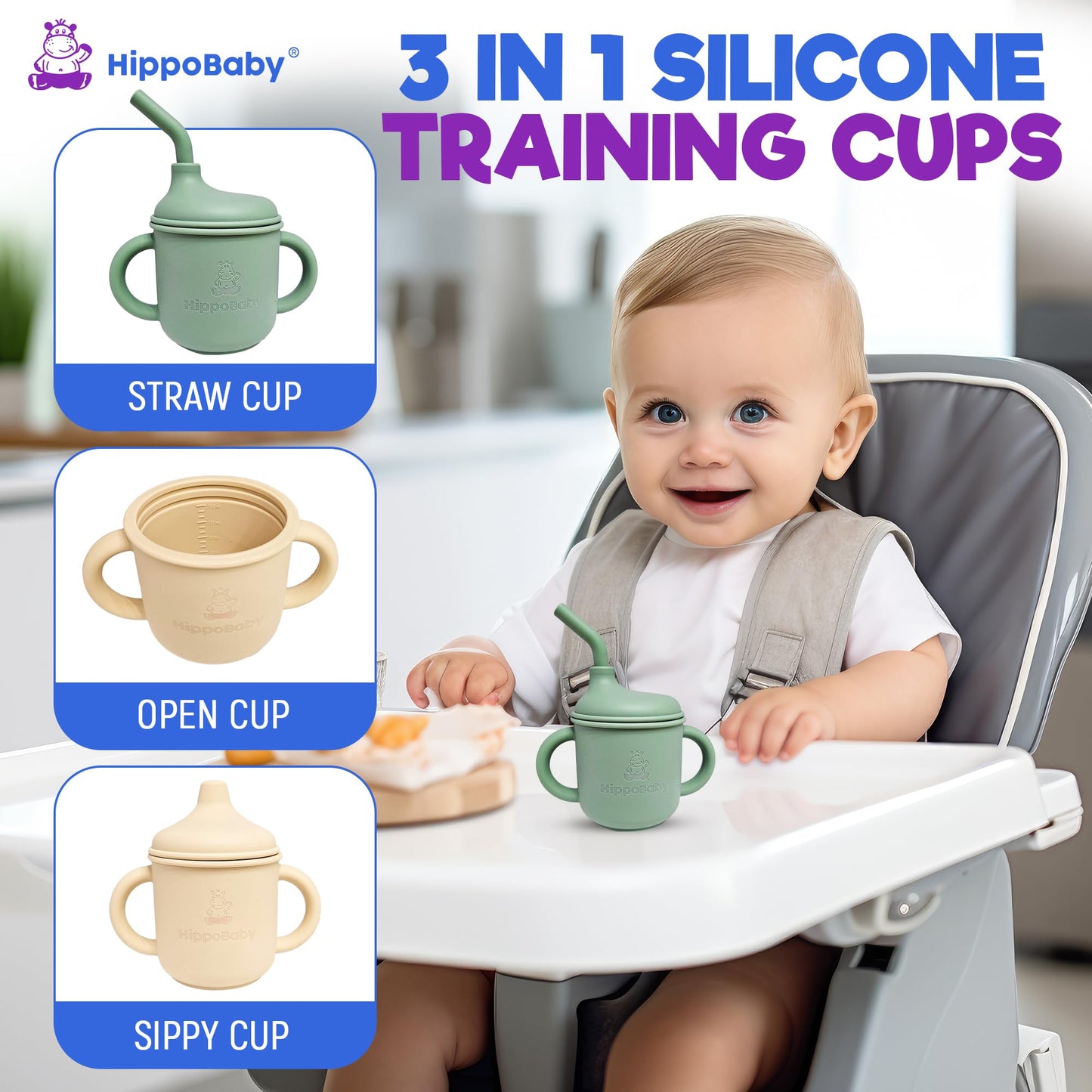 Hippobaby Silicone Transition Sippy Cup For 6+ Month Old | Includes 1 Toddler Straw Cup & 1 Baby Sippy Cup With Handles 5 Oz| Ba