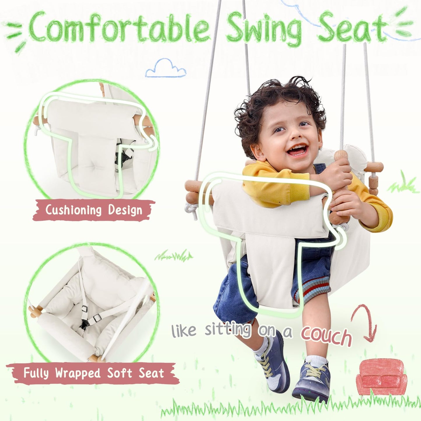 Baby Swing Indoor Outdoor,Secure Canvas Wooden Toddler Swing Seat, 3-Point Adjustable Safety Harness,Mounting Hardware Included,