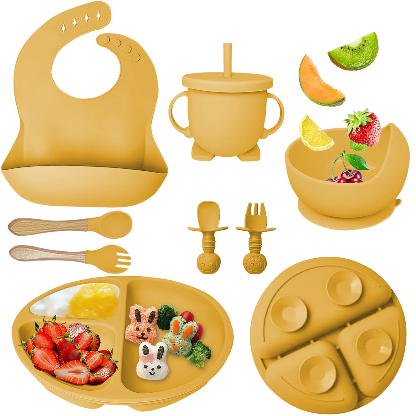 Mrkyy Silicone Baby Feeding Set, Baby Led Weaning Supplies with Suction Bowl Divided Plate, Toddler Self Feeding Dish Set with S