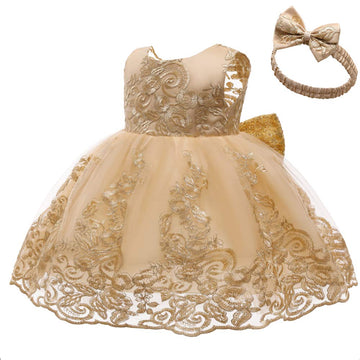 Baby Girls Embroidery Lace Dresses Toddler Ruffles Infant Easter Tutu Birthday Dress With Headwear (Golden02,70)