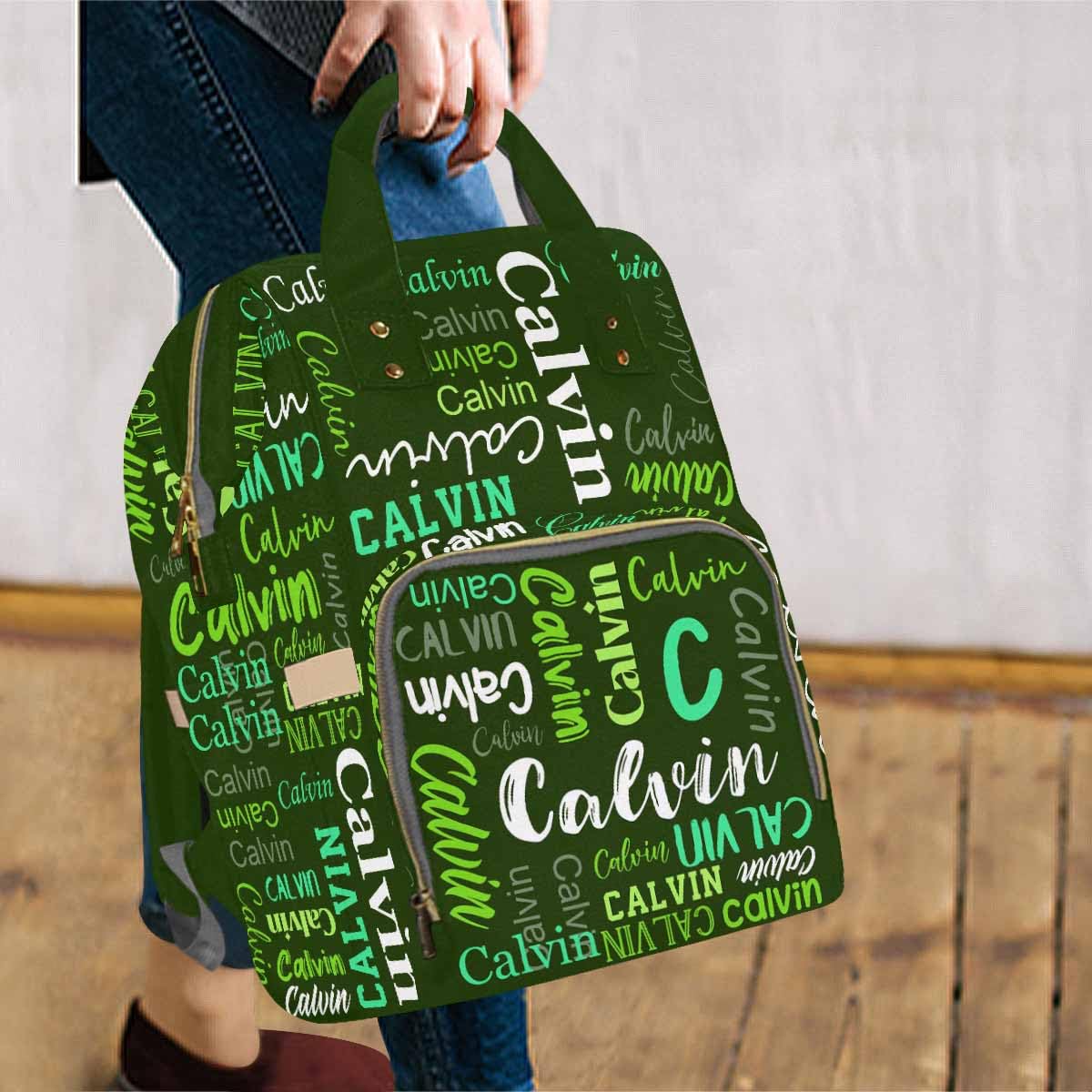 Custom Diaper Bag Backpack, Personalized Dark Green Backpack With Name Mummy Nappy Baby Bag Multifunctional Shoulders Bag Casual