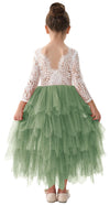 2Bunnies Girl Peony Lace Back A-Line Tiered Tutu Tulle Flower Girl Dress (Sage Sleeve Maxi, 7/8)