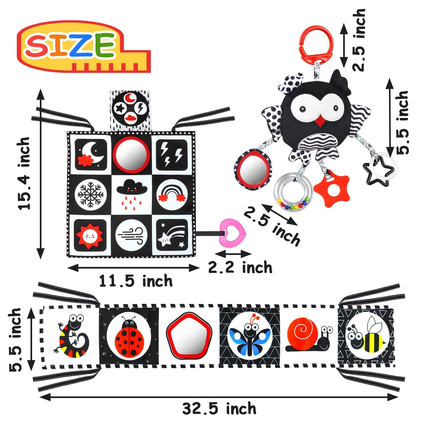 Black and White High Contrast Baby Toys 0-6 Months with Mirror, Crinkle and Rattles, Soft Baby Toys for Brain Development Montes