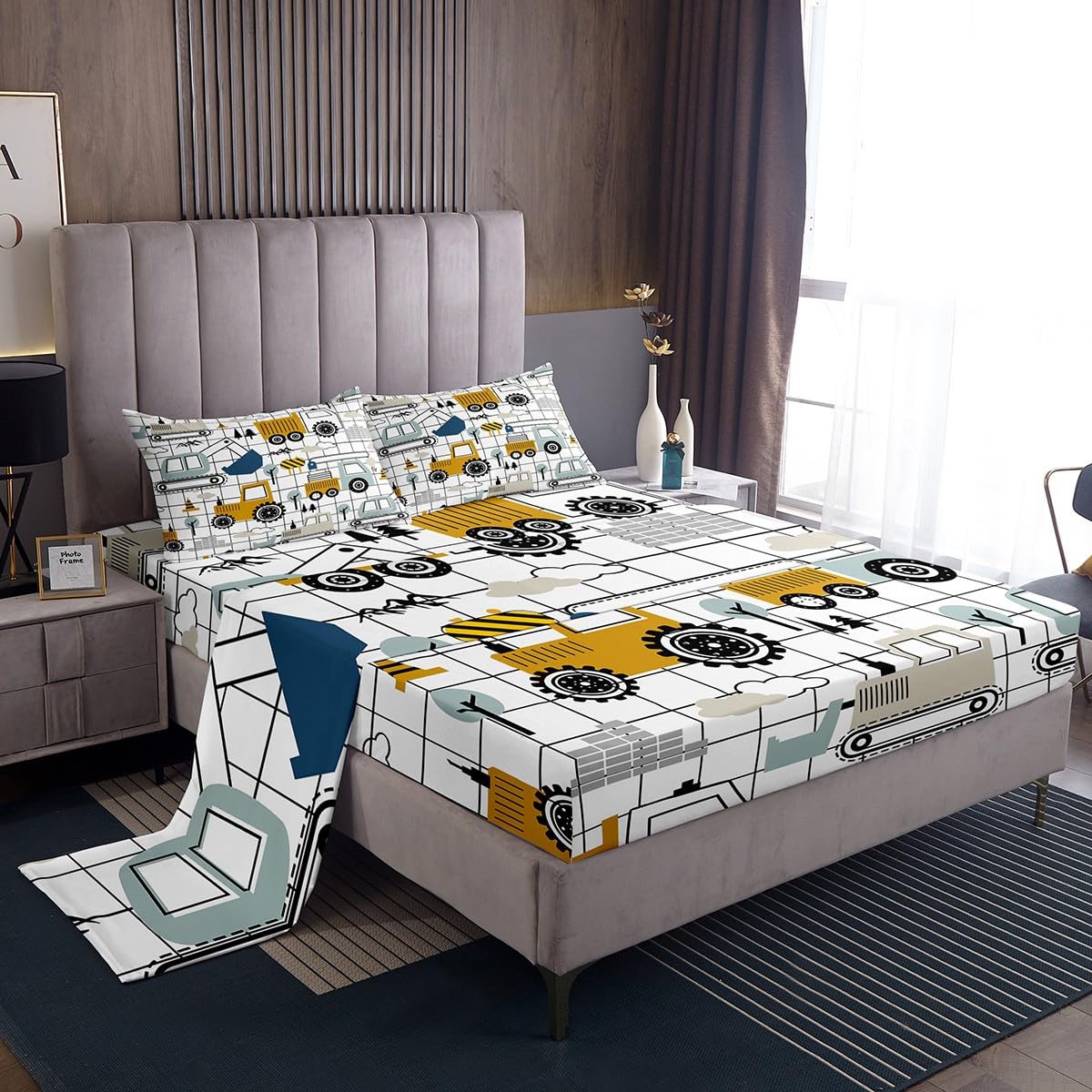 Feelyou Construction Sheet Set Full Size Kids Excavator Tractor Toddler Sheets with Deep Pocket Fitted Sheet Cartoon Car Equipme