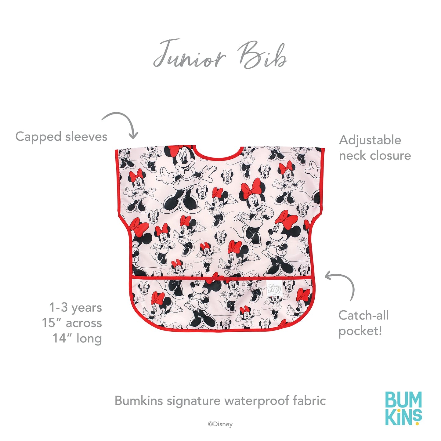 Bumkins Junior Short Sleeve Toddler Bib, Smock For Kids 1-3 Years, Waterproof Fabric, Disney Minnie Mouse Classic