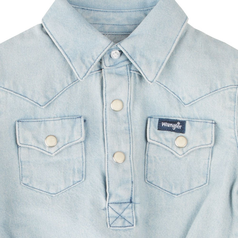 Wrangler Baby Boys Western Long Sleeve Denim Bodysuit, Faded Blue, 3-6 Months