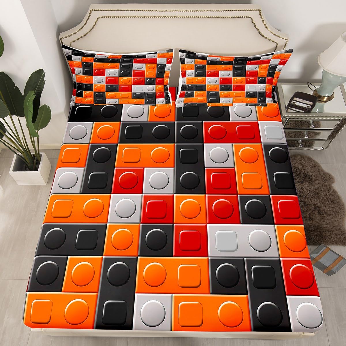Feelyou Building Blocks Bed Sheet Set Toy Brick Fitted Sheet for Kids Boys Girls Teens Room Decor Toddler Gaming Bedding Set Twi