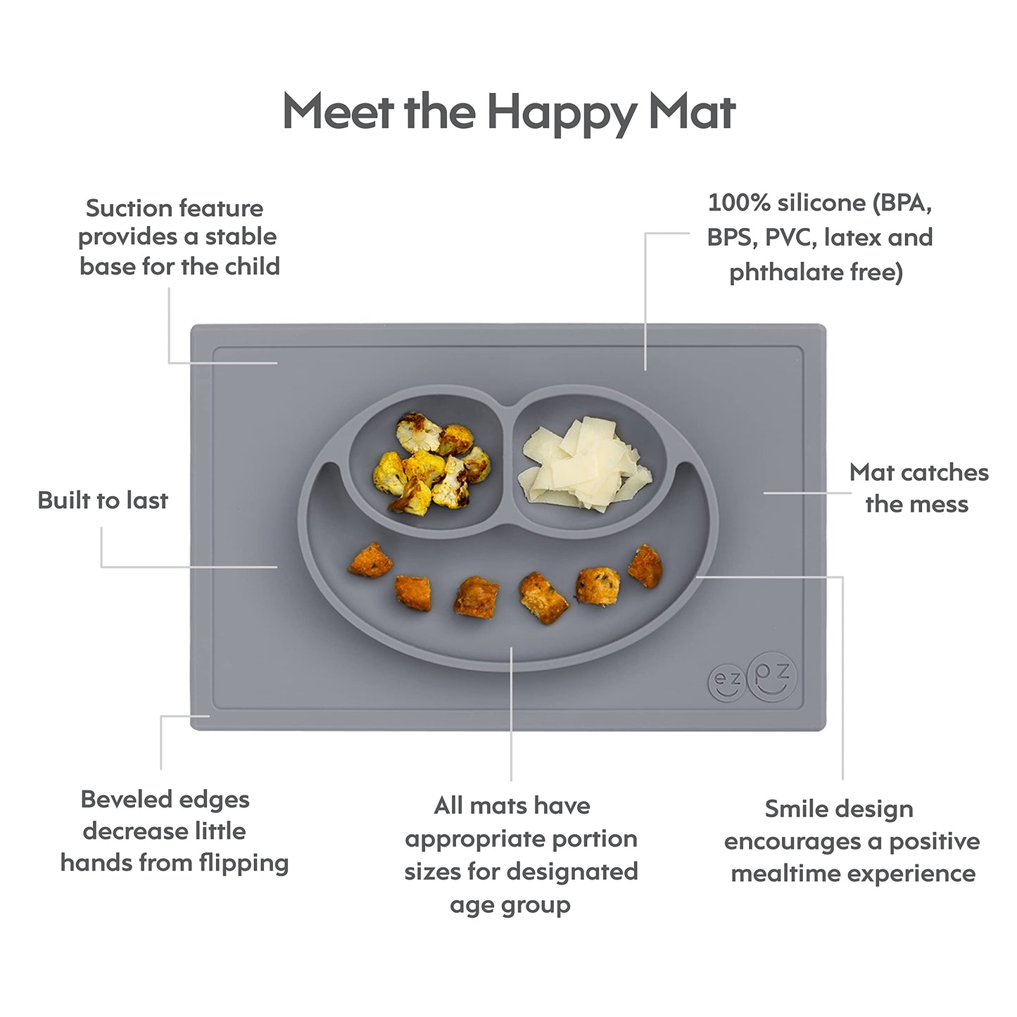 ezpz Happy Mat - 24 Months+ (Gray) - 100% Silicone Suction Plate with Built-in Placemat for Toddlers + Preschoolers - Divided To