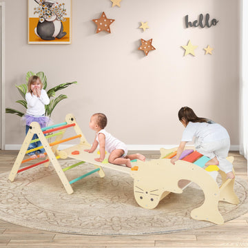 Olakids Climbing Toys For Toddlers, 5 In 1 Foldable Wooden Pikler Montessori Jungle Gym With Ramp Slide Arch Rocker Angle Adjust