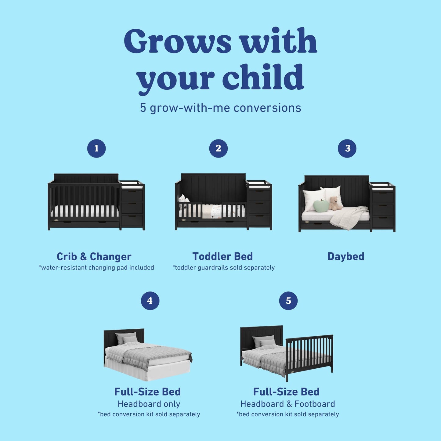 Graco Hadley 5-In-1 Convertible Crib And Changer With Drawer (Black) - Greenguard Gold Certified, Crib And Changing -Table Combo
