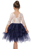 2Bunnies Girl Peony Lace Back A-Line Tiered Tutu Tulle Flower Girl Dress (Navy Sleeve Short, 6)