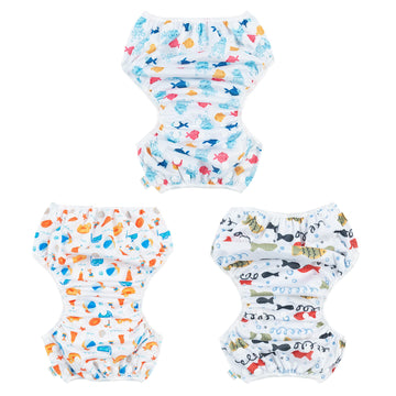 Babygoal Baby Swim Diapers 3 Pack For 0-8 Months Infant Girls And Boys, Reusable Adjustable Washable For Swimming Lessons-Fish,D